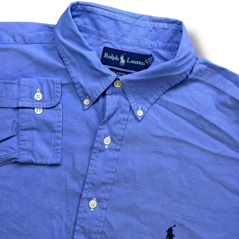 Ralph Lauren Button Down Shirt Mens 17.5 34/35 Blue Classic Fit Long‎ Sleeve